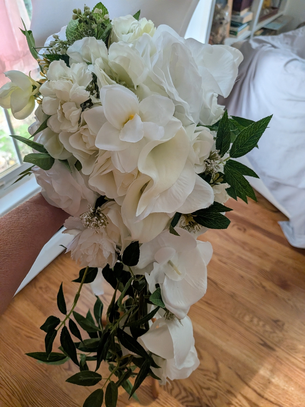 Bridal White Cascading Faux Bouquet with Greenery - Picture 2 of 13
